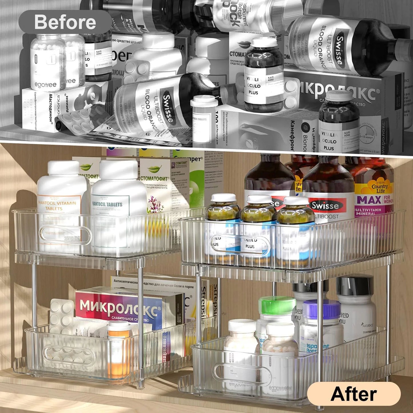 Maximize Your Space with Our 2-Pack Clear Pull-Out Bathroom Organizers - Perfect Under-Sink & Kitchen Storage Solution
