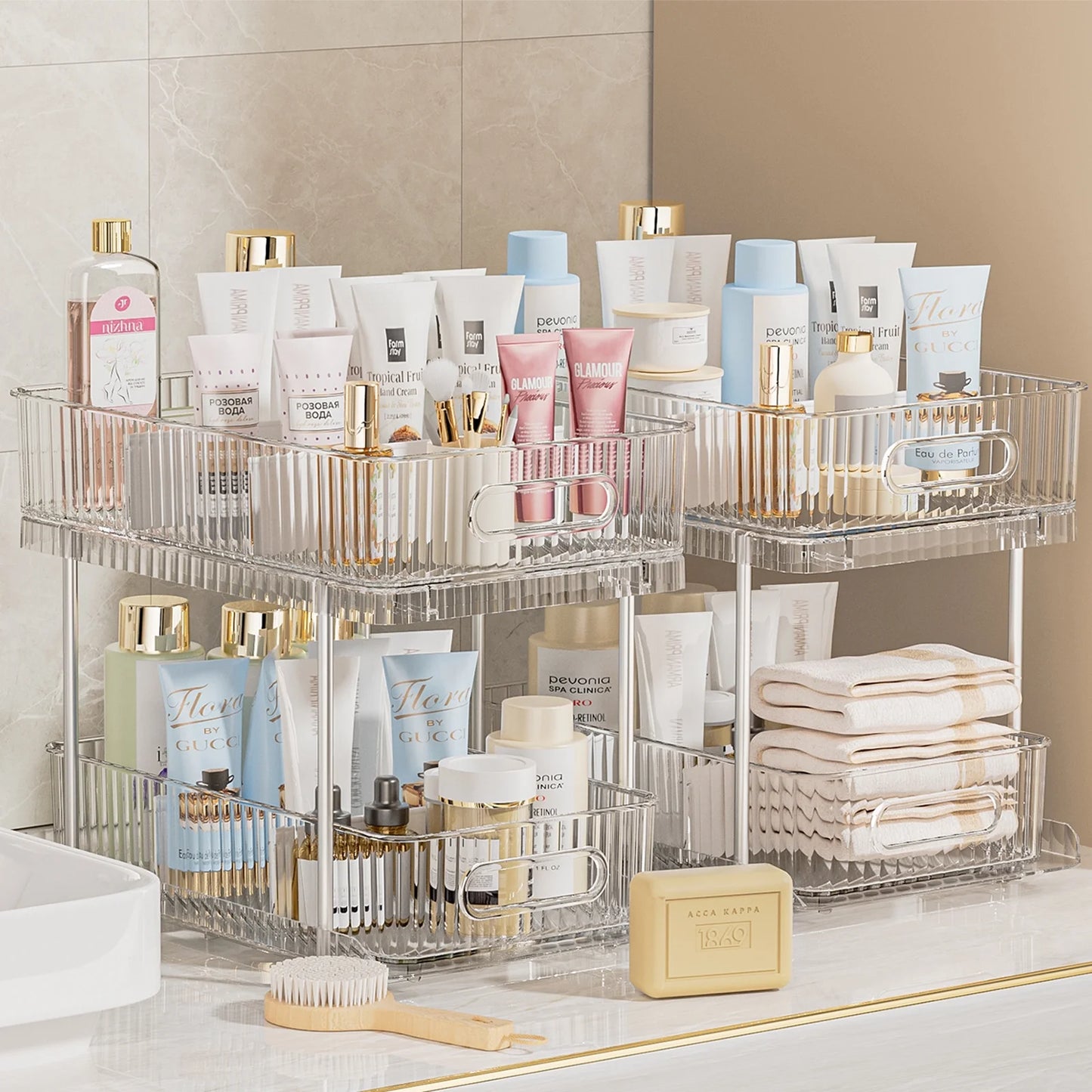 Maximize Your Space with Our 2-Pack Clear Pull-Out Bathroom Organizers - Perfect Under-Sink & Kitchen Storage Solution